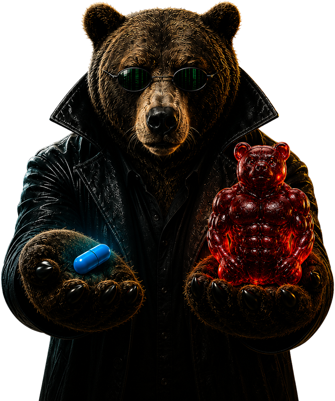 Cinematic bear in a leather coat offering a blue pill and a red muscular gummy
