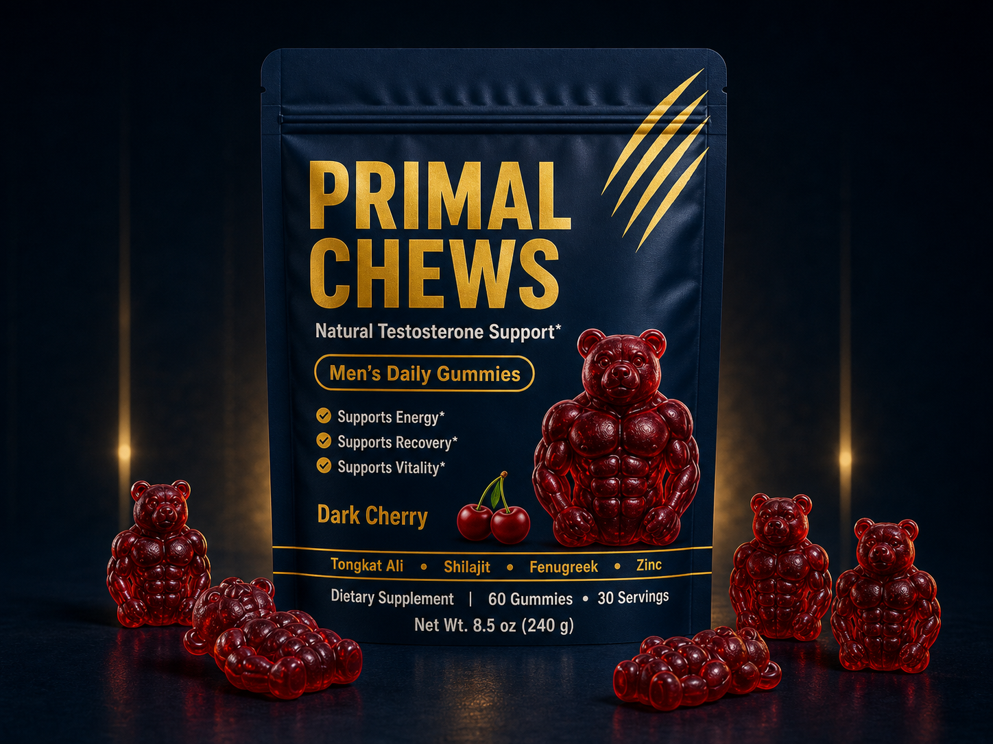 Primal Chews Dark Cherry pouch with cherry-red muscular gummies